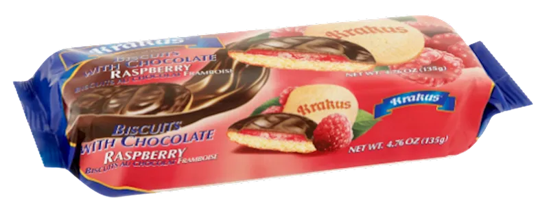COOKIES BISCUITS RASPBERRY IN  CHOCOLATE GLAZE 21/150GR KRAKUS KRAK0081