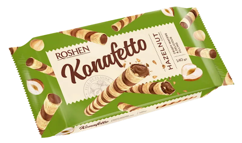 WAFFLE ROLLS KONAFETTO W/HAZELNUT CREAM FILLING 15/140GR ROSHEN N3065
