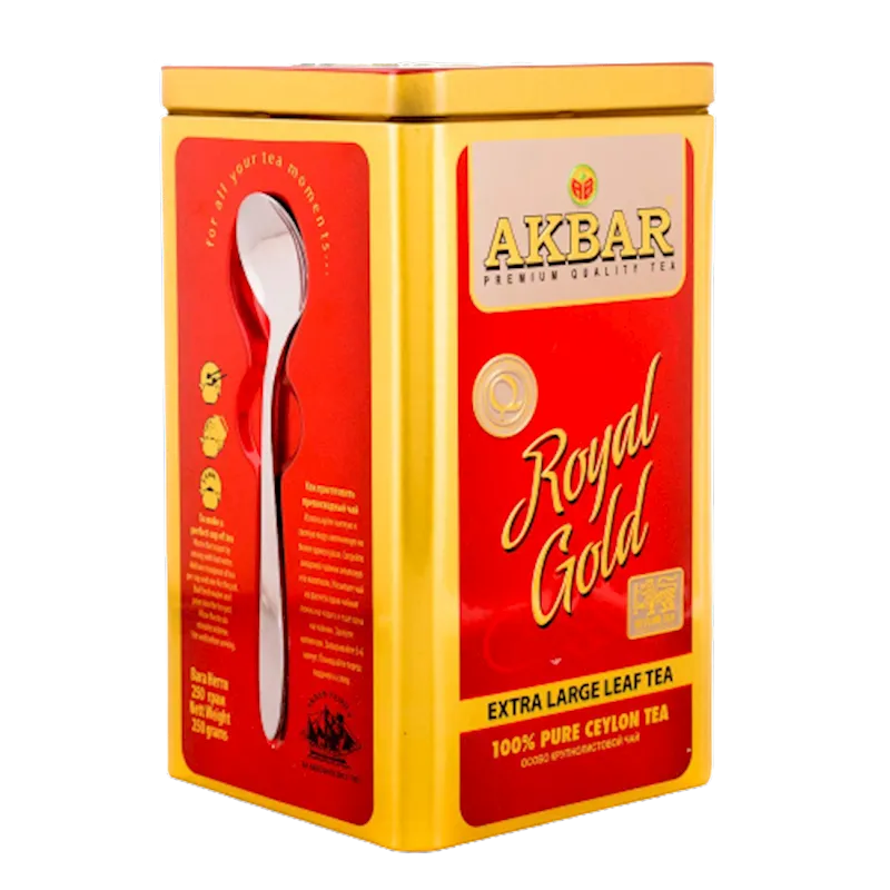 TEA AKBAR BLACK EXTRA LARGE LEAF ROYAL GOLD 12/250GR TIN W/TEASPOON SRI-LANKA