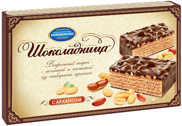 CAKE WAFFLE SHOKOLADNITSA W/PEANUTS GLAZED 9/400GR KOLOMENSKOE 1309/1308