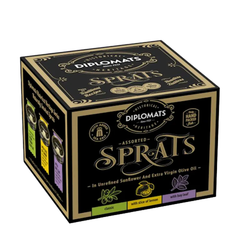D- SPRATS SMOKED HISTORICAL HERITAGE GIFT BOX 12 (3X160GR) DIPLOMATS LATVIA N523