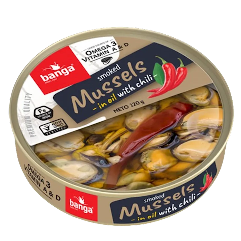 SMOKED MUSSELS IN OIL W/CHILLI 15/120GR BANGA LATVIA N6021