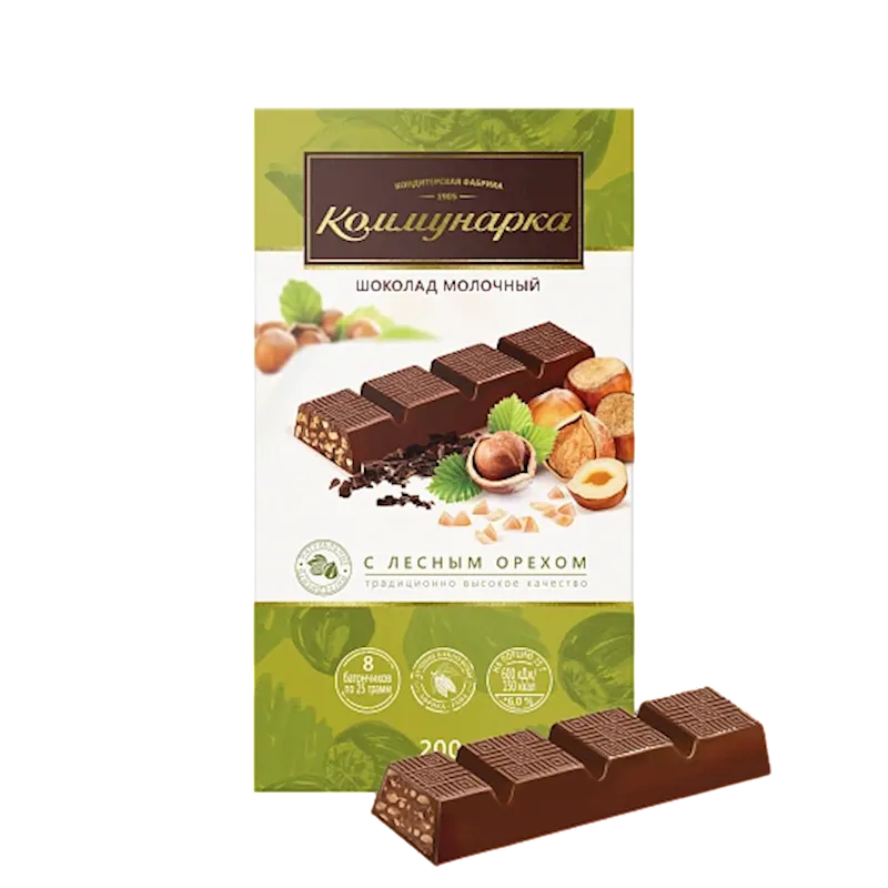 D- CHOCOLATE BAR MILK W/CRUSHED HAZELNUTS 17/200GR KOMMUNARKA N435