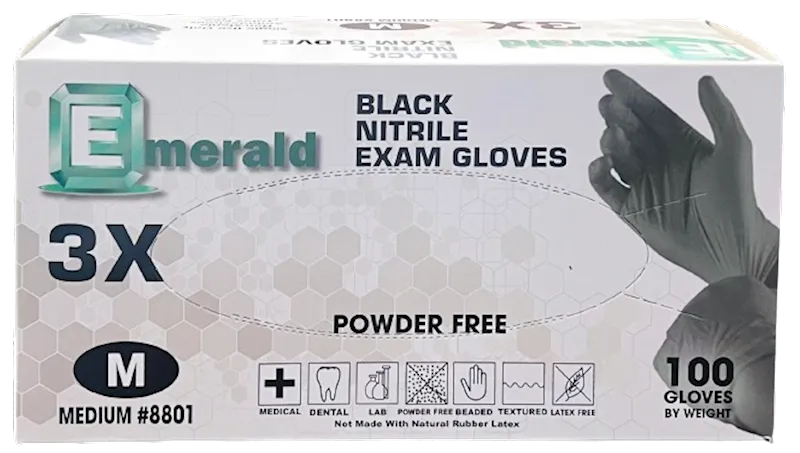 GLOVES MEDIUM BLACK POWDER FREE 10/100CT EMERALD