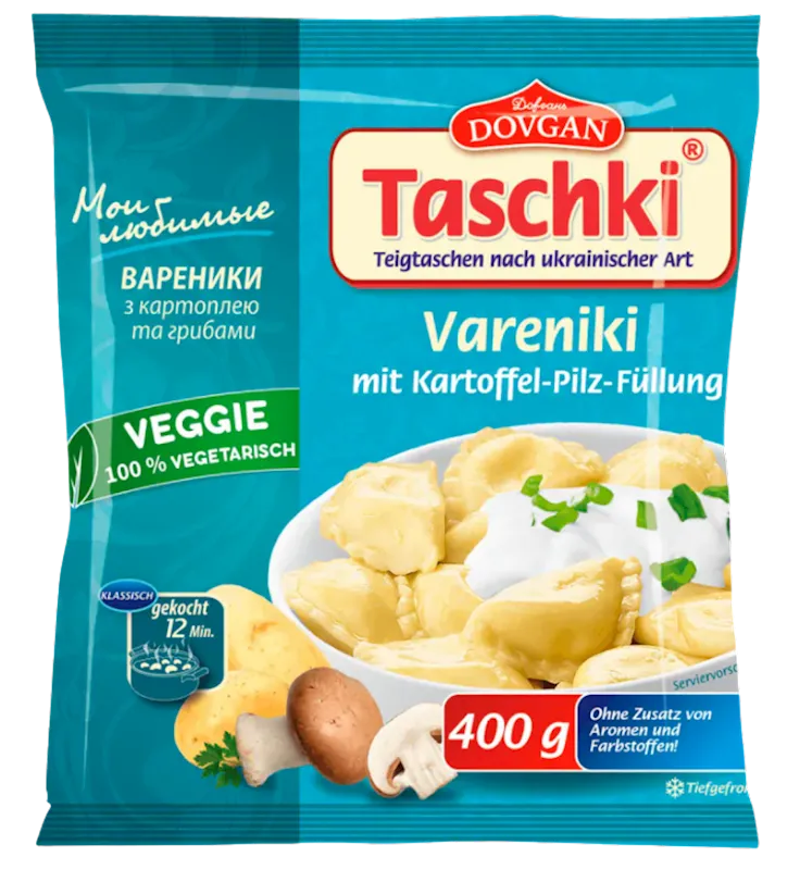 VARENIKI W/POTATO&MUSHROOMS FILLING FROZEN TASCHKI 22/400GR DOVGAN N99740400