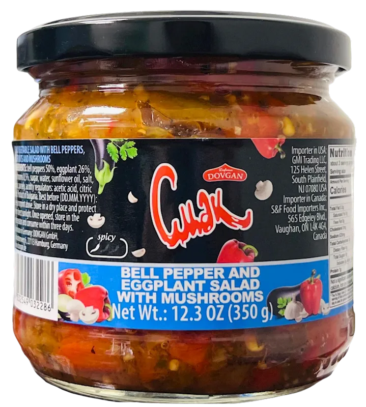 BELL PEPPER&EGGPLANT SALAD W/MUSHROOMS 12/350GR CMAK DOVGAN BULGARIA NUS41610350