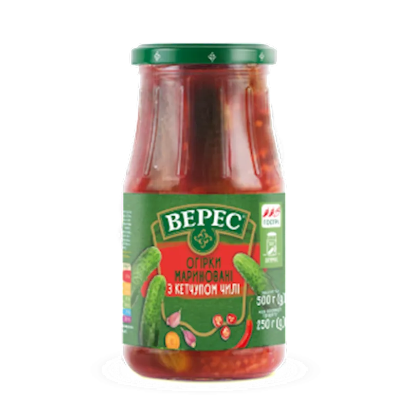 D- CORNICHONS PICKLED W/KETCHUP CHILI 12/500GR VERES UKRAINE