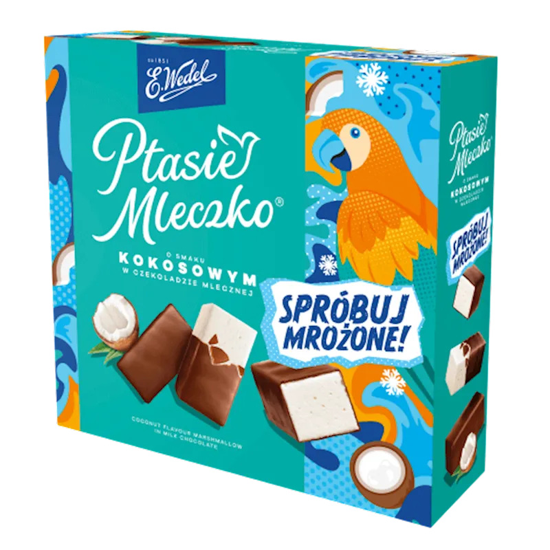 CANDIES BOXED PTASIE MLECZKO W/COCONUT FLAVOR IN MILK CHOCOLATE 18/340GR E.WEDEL