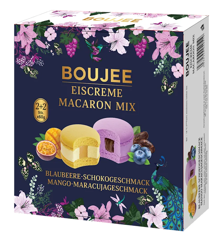 MACARON MIX BLUEBERRY-CHOCO&MANGO-PASSION FRUIT 4PC 7/240GR BOUJEE DOVGAN N91350240