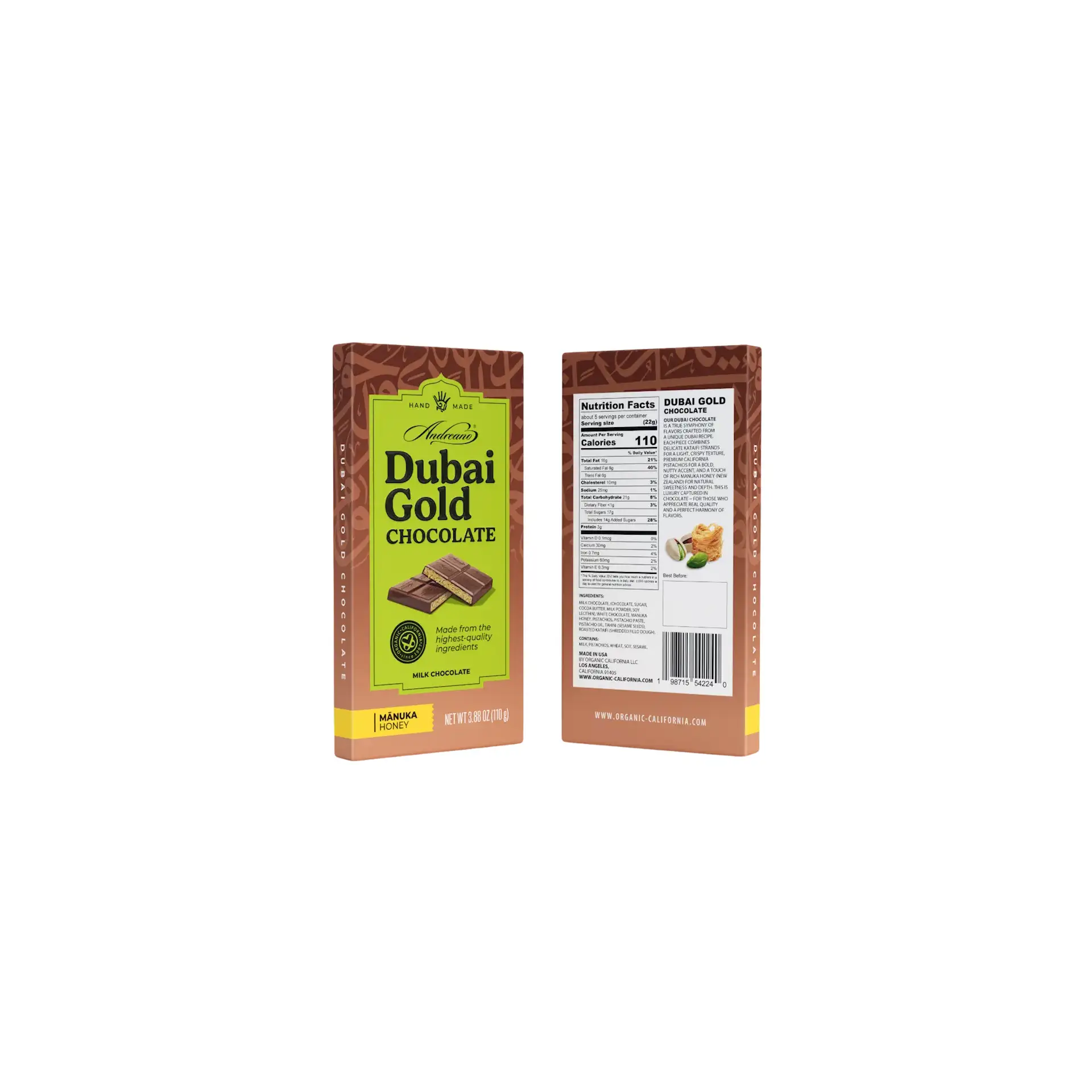 CHOCOLATE BAR MILK DUBAI GOLD W/MANUKA HONEY 10/110GR ANDREANO(6)