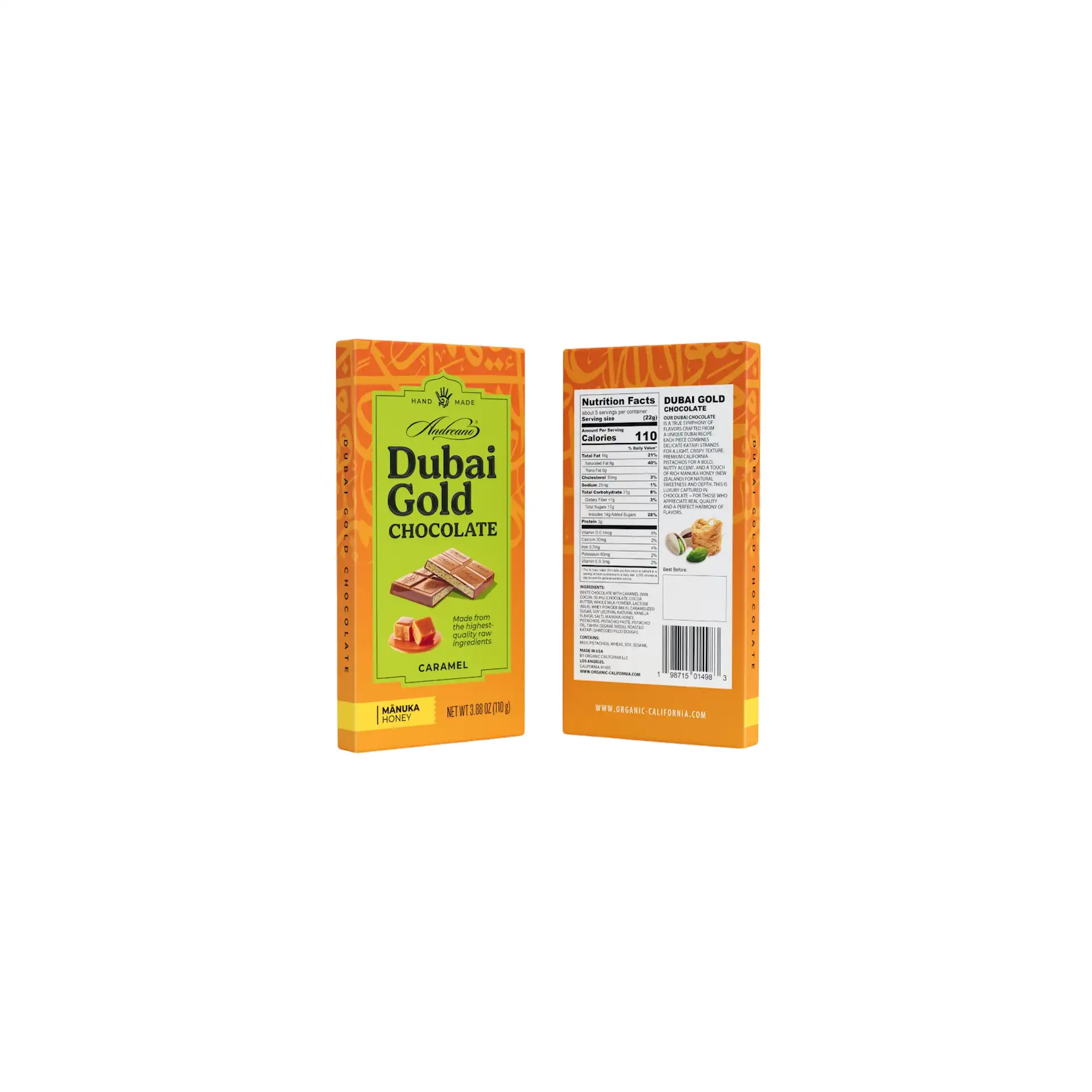D- CHOCOLATE BAR DUBAI GOLD W/CARAMEL&MANUKA HONEY 10/110GR ANDREANO(6)