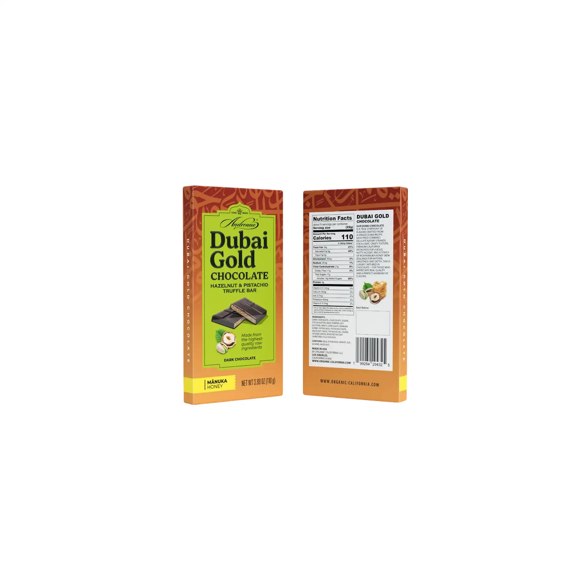 D- CHOCOLATE BAR DARK DUBAI GOLD W/MANUKA HONEY HAZELNUT&PISTACHIO TRUFFLE 10/110GR ANDREANO(6)