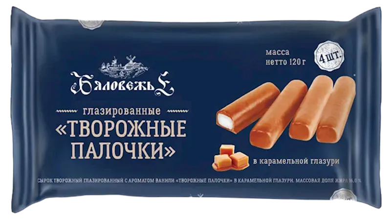 CHEESE STICKS VANILLA IN CARAMEL GLAZED 4PC 16% 8/120GR BYALOVEZH'E
