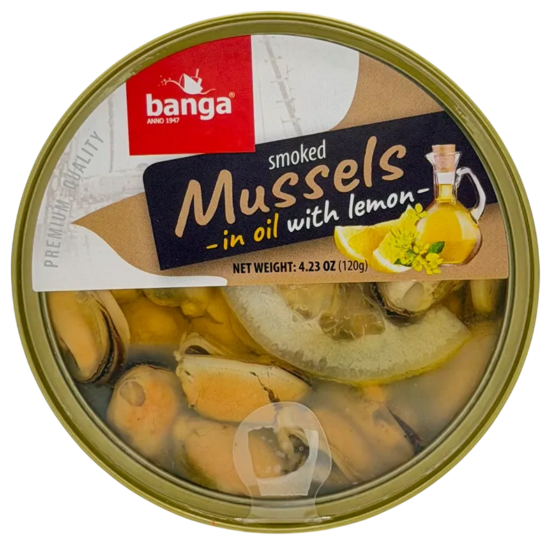 SMOKED MUSSELS IN OIL W/LEMON 15/120GR BANGA