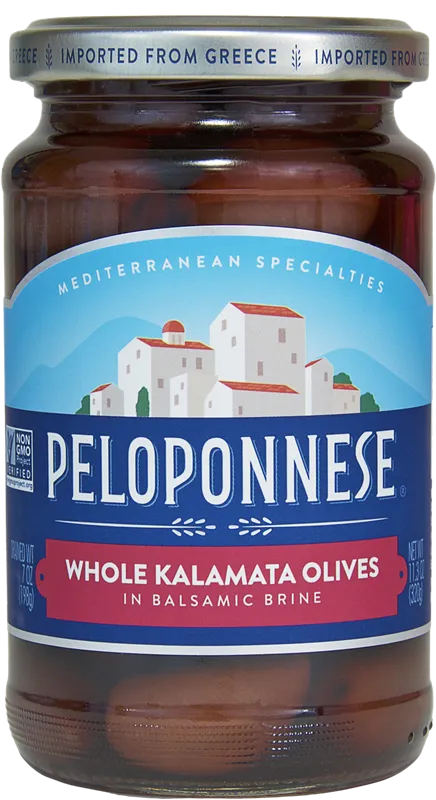 OLIVES KALAMATA WHOLE IN BALSAMIC BRINE 6/198GR PELOPONNESE N36983